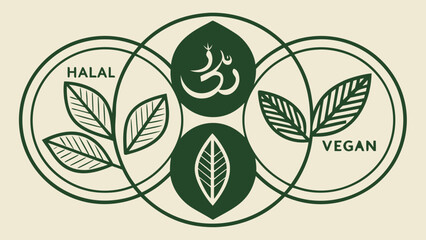 Halal and vegan food concept with overlapping leaves and Islamic symbol in minimal green Venn diagram style