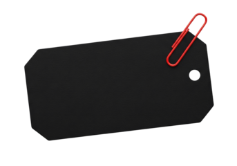 Blank black rectangular paper card with round edged and red paper clip background for office isolated on white or transparent background