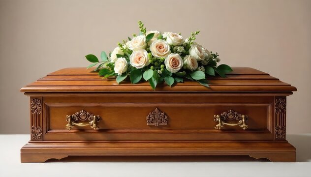 Elegant engraved wooden casket with delicate floral arrangement, ready for a heartfelt memorial service , solace, death, timeless