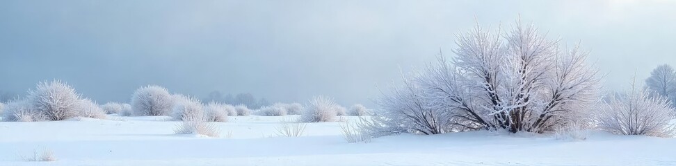 Fototapeta premium Frozen branches heavy with snow, a stark winter bush landscape under a grey sky The scene evokes a sense of quiet solitude and the beauty of a harsh, cold environment , bush, nature, serenity