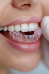Obraz premium Close-up shows a woman inserting a clear aligner into her mouth. Her teeth appear white and straight, and the aligner is nearly invisible, blending with her smile. Healthy teeth with dental care