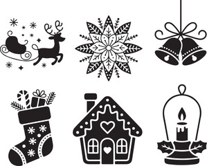 Christmas and Winter Holiday Icons Set in Black and White Style