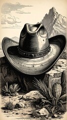 Detailed etching of a cowboy hat on a desert backdrop with mountain view