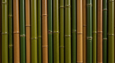 Fototapeta premium Close-up of a wall constructed with vertical, green and tan bamboo stalks, neatly aligned