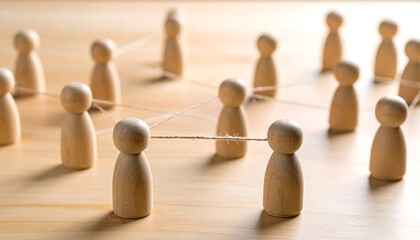 Social Distancing Concept with Wooden Peg Figures Connected by String.