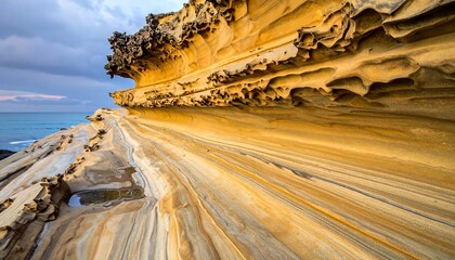 Striking Sandstone Formations Along the Coastline Under a Dramatic Sky.