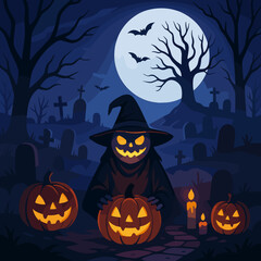 Spooky Halloween Night with Glowing Jack-O&rsquo;-Lanterns and Witch in Graveyard under Full Moon