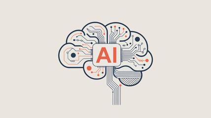 Stylized brain with A I chip and circuit board lines