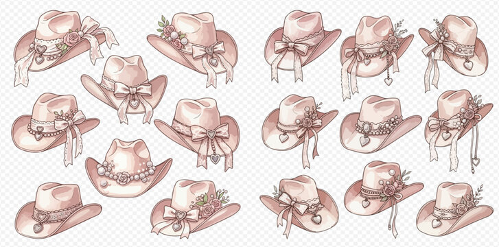 A collection of blush pink cowboy hats adorned with bows, ribbons, flowers, pearls, and heart charms, presented as a set of feminine graphic resources.