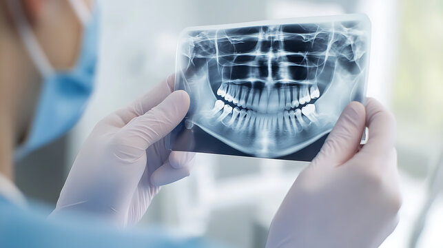 Dentist in protective gear examines a full mouth X-ray. The radiograph reveals the patient's teeth and jaw structure. A detailed look at dental health and potential issues.