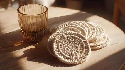 A ribbed amber glass tumbler beside round white crocheted coasters on a wooden table. Concept Amber ribbed glass tumbler, White crocheted coasters, Wooden table still life, Rustic kitchen decor