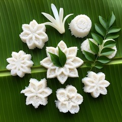 An artistic overhead close-up of Sri Lankan kiribath served on banana leaf with coconut flowers and curry leaves, glowing in soft light and island-style presentation.