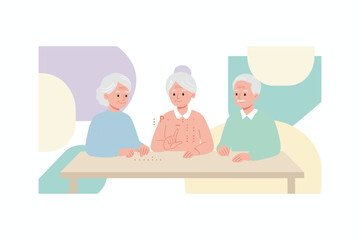 Three cheerful seniors engage in a tabletop activity symbolizing elder community and mental wellness