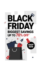 Black Friday sale graphic featuring a shopping bag electronic items and big savings
