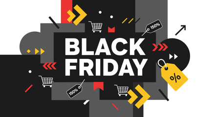 Black Friday sale banner with geometric shapes typography and shopping icons