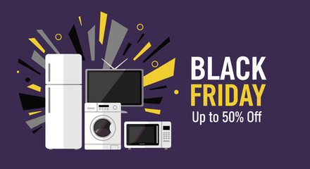 Black Friday sale graphic featuring home appliances and electronics Big discounts and retail promotion banner