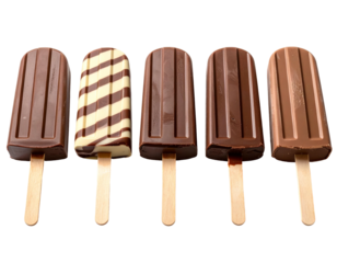 Five assorted ice pops on sticks in different chocolatey flavors, isolated