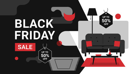 Black Friday Sale banner for furniture and home decor Promotional illustration with discount tags