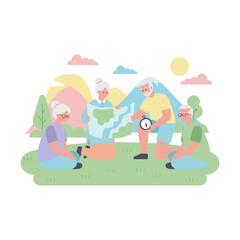 Seniors planning their adventure with a map and compass outdoors Active retirement travel concept