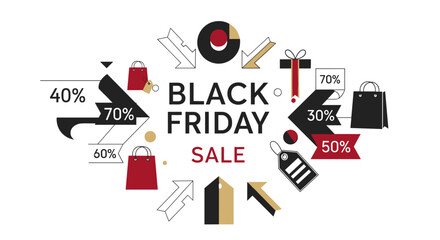 Black Friday Sale banner illustration with shopping bags gift icon price tags and discount percentages