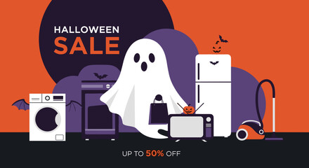 Festive Halloween sale banner with a friendly ghost bats and jackolanterns promoting discounts on home appliances