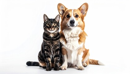 Obraz premium Cute Domestic Cat and Pembroke Welsh Corgi Dog Sitting Together on White Seamless Background in Studio Lighting