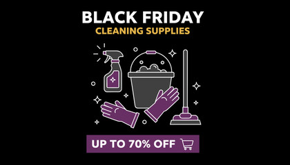 Black Friday sale on cleaning supplies featuring icons of spray bottle bucket gloves and mop Perfect for promotions