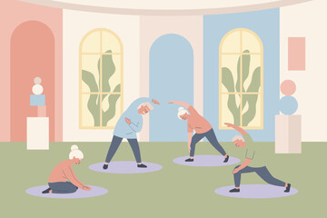 Active seniors stretching and practicing wellness in a serene brightly lit room