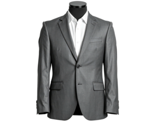 Formal grey suit jacket and white shirt displayed on a black mannequin, front view