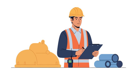 Construction worker inspecting site with clipboard and walkietalkie symbolizing safety and planning