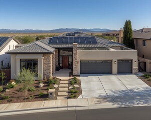 Modern luxury home with solar panels and mountain views