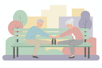 Happy elderly couple stretching on a park bench promoting active healthy senior lifestyle