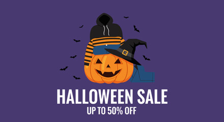 Halloween sale illustration with a festive jackolantern wearing a hoodie and witch hat surrounded by bats Perfect for spooky promotions