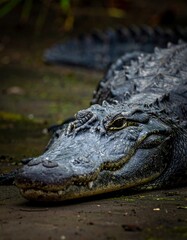 Obraz premium Close-up view of a large alligator resting on muddy ground, featuring textured skin and eye detail