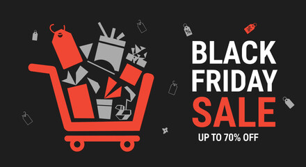 Black Friday Sale banner graphic with shopping cart full of gifts and discount tags