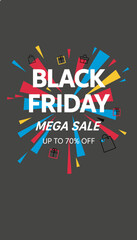 Black Friday Mega Sale banner with dynamic graphic elements shopping bags and gifts Great for retail promotions