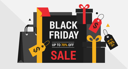 Black Friday sale banner with gift boxes shopping bags and discount tags Promotional graphic design