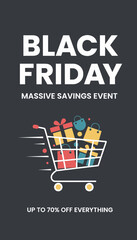 Black Friday massive savings event with shopping cart full of gifts and bags Retail discounts