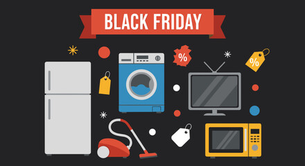 Black Friday graphic illustration showing electronics and major home appliance sales event