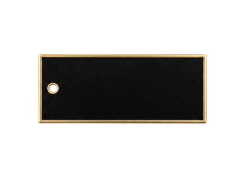 Blank black price tag with golden shiny frame isolated on white or transparent background