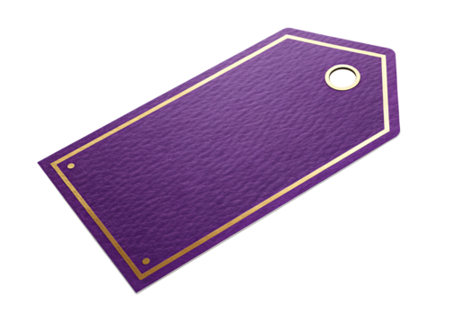 Blank purple price tag with golden shiny frame isolated on white or transparent background