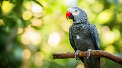 Obraz premium A grey parrot perched on a branch with a blurred green background.