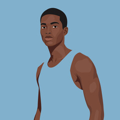 Handsome Young African American Male Model Vector Portrait in Flat Style Wearing Blue Tank Top