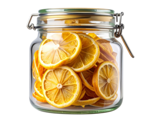 Jar of dehydrated lemon slices, clear glass, airtight lid, bright yellow