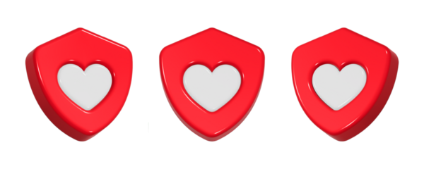 3d rendering design of red shield with white heart inside icon symbol