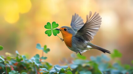 Fototapeta premium A robin bird in flight with a four-leaf clover in its beak.