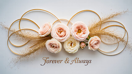 Elegant floral arrangement with delicate roses and golden accents, perfect for wedding invitations, anniversary cards, and timeless romantic designs