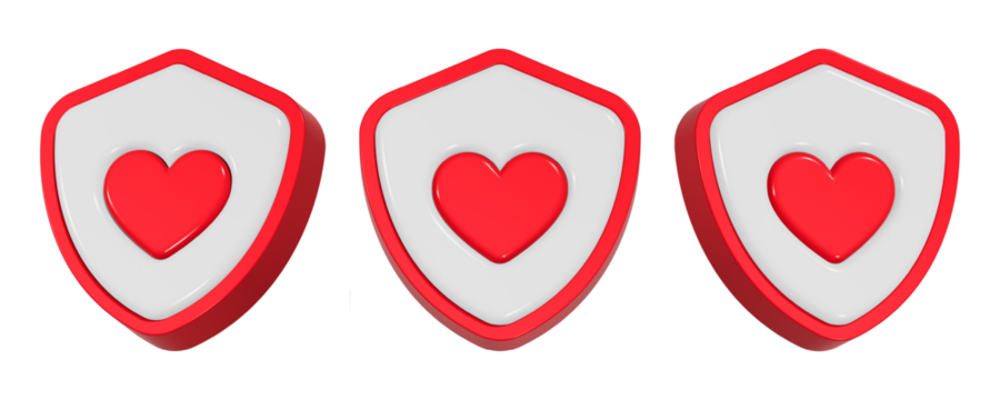 white shield with red outline and red hear inside 3d rendering icon