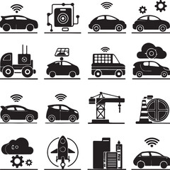 Smart technology icons isolated on white background depicting autonomous vehicles, infrastructure, and connectivity solutions
