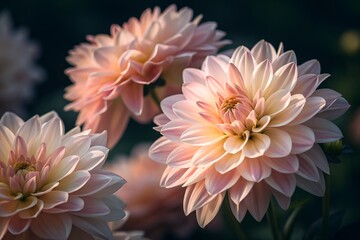Close up of delicate peach and pink dahlia flowers in soft focus